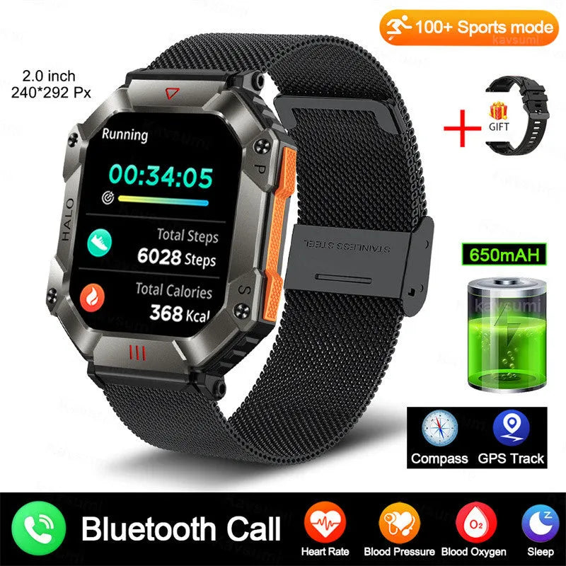 Android smart watch with titanium case on wrist, showing black camouflage strap option and display.