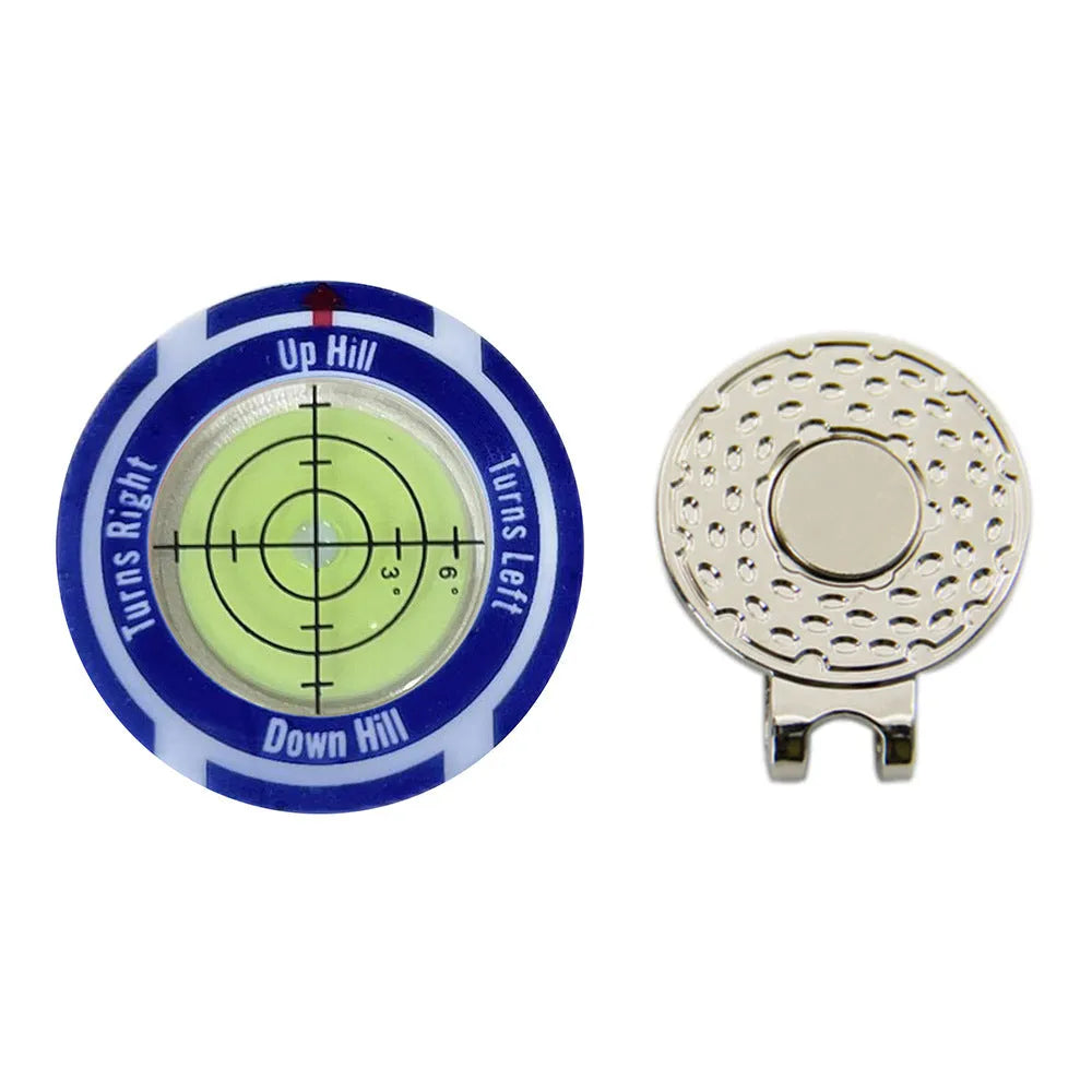 Golf level hat clip measurement tool with position marks and blue water level indicator
