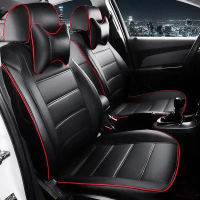 Genuine cow leather car seat cover in a black with red line colour option, showing binding style edge.