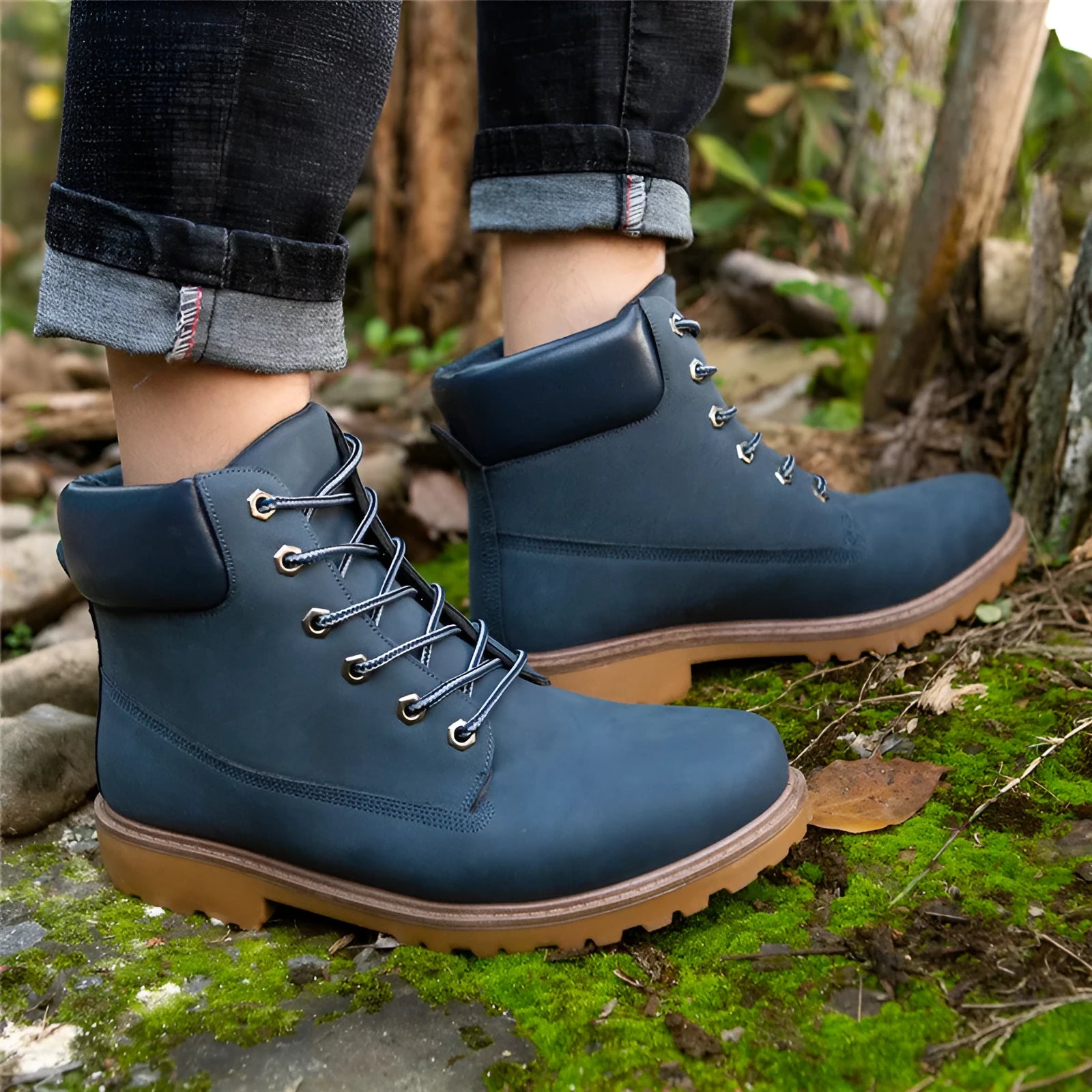 Pink men's Martin boots with velvet lining, flat bottom, and front lace-up design