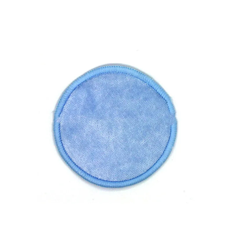 Velvet makeup remover pads in red and blue colours showing soft texture and circular 8cm size