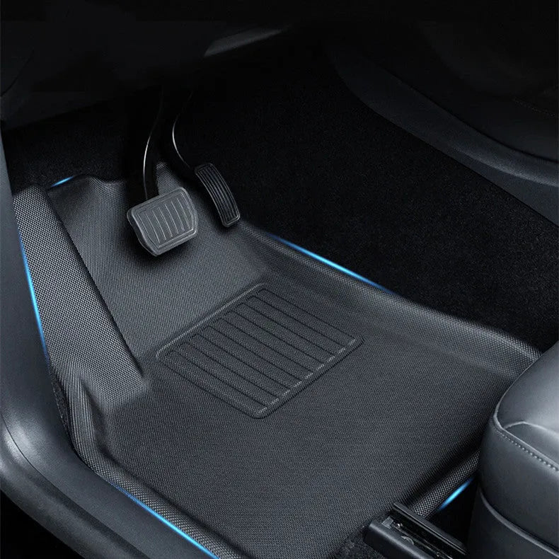 TPR floor mats for Tesla Model Y including footwell, storage box, and tailbox protection