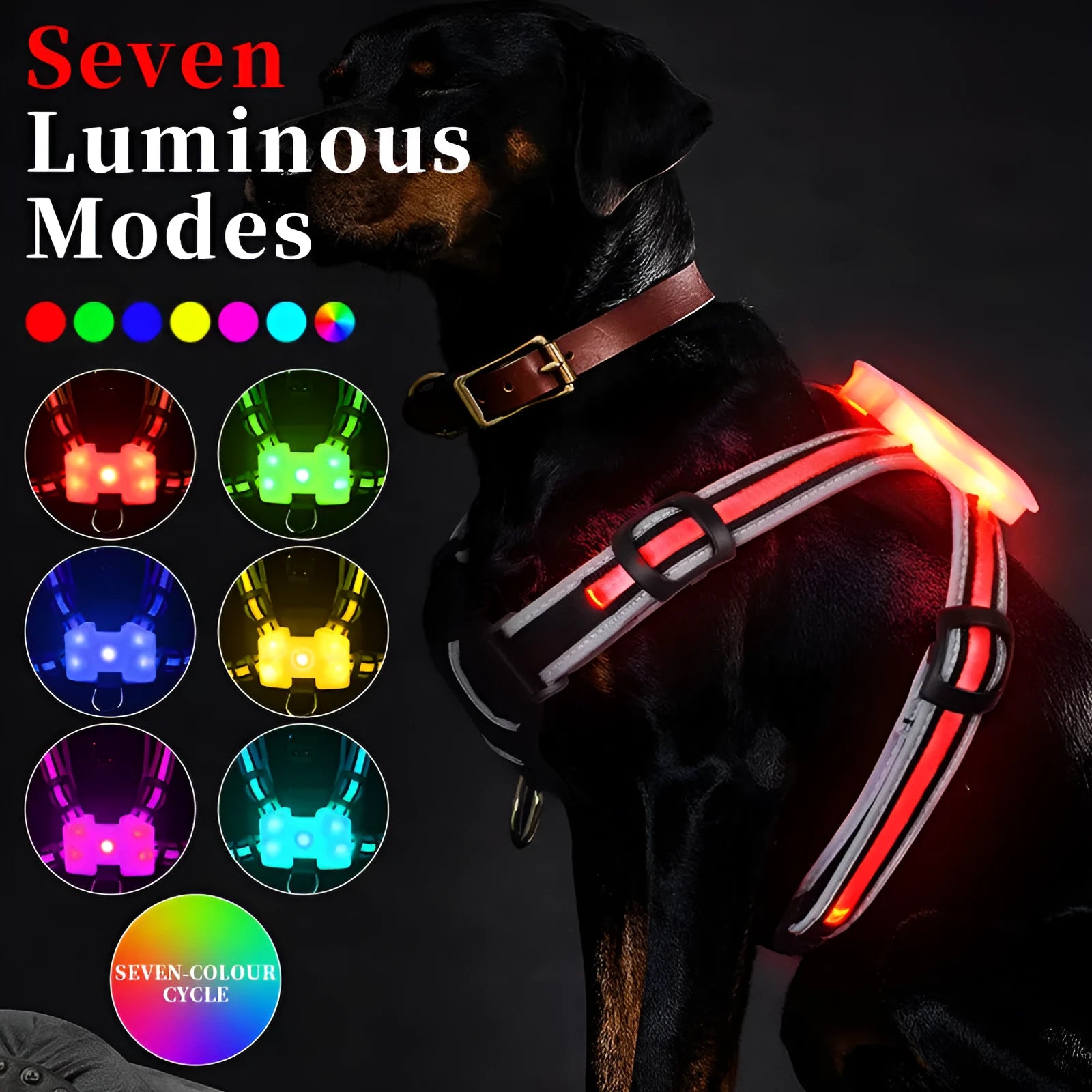 Nylon luminous dog hand holding rope with seven-colour transformation and charging cable