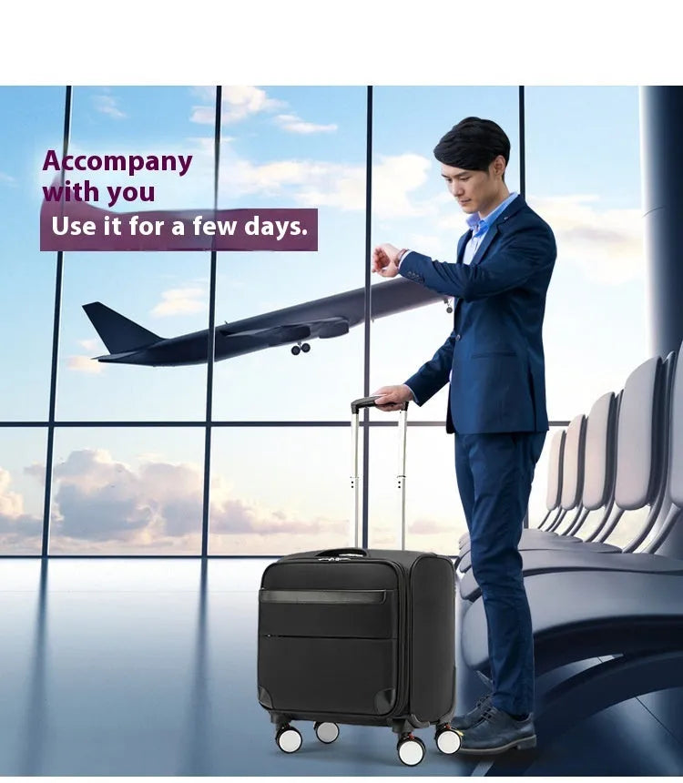 Black waterproof Oxford cloth business travel suitcase with universal wheels, 18-inch carry-on size