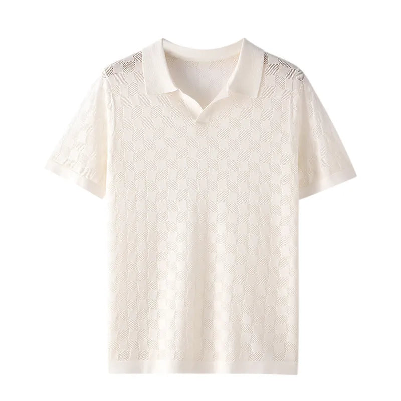 Men's short sleeve lapel sweater in mulberry silk with jacquard craft design