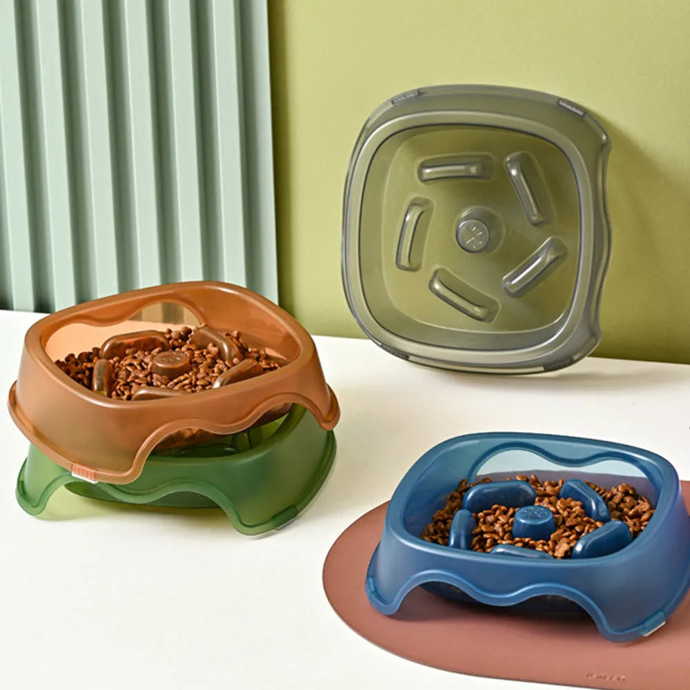 Plastic anti-choking slow feeder dog bowl in blue, grey, green or orange colours
