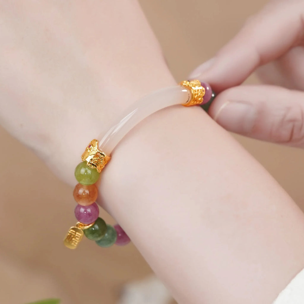 Natural rainbow colour tourmaline half bracelet for women with electroplated finish.