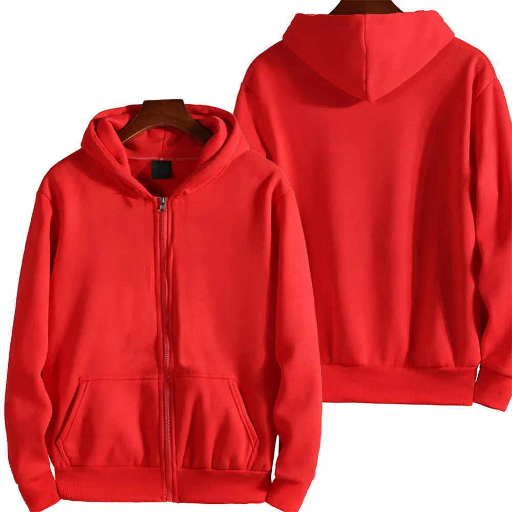 Man wearing a solid colour loose-fit zipper sports jacket in a cardigan style.