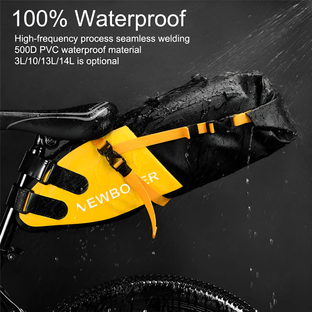 Waterproof PVC bicycle tail bag in yellow, black or green, showing 13-litre capacity for cycling tools.