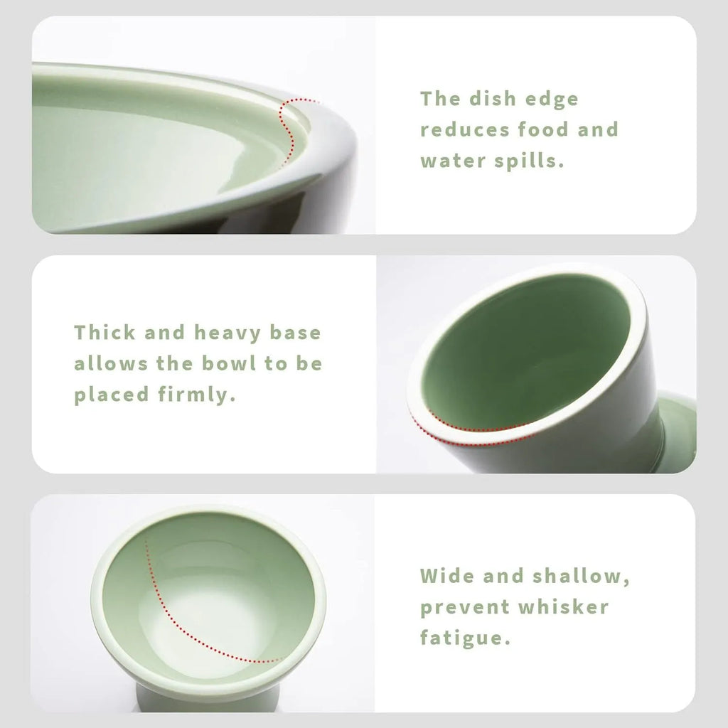 White ceramic elevated cat bowl with wide shallow dish on wooden floor