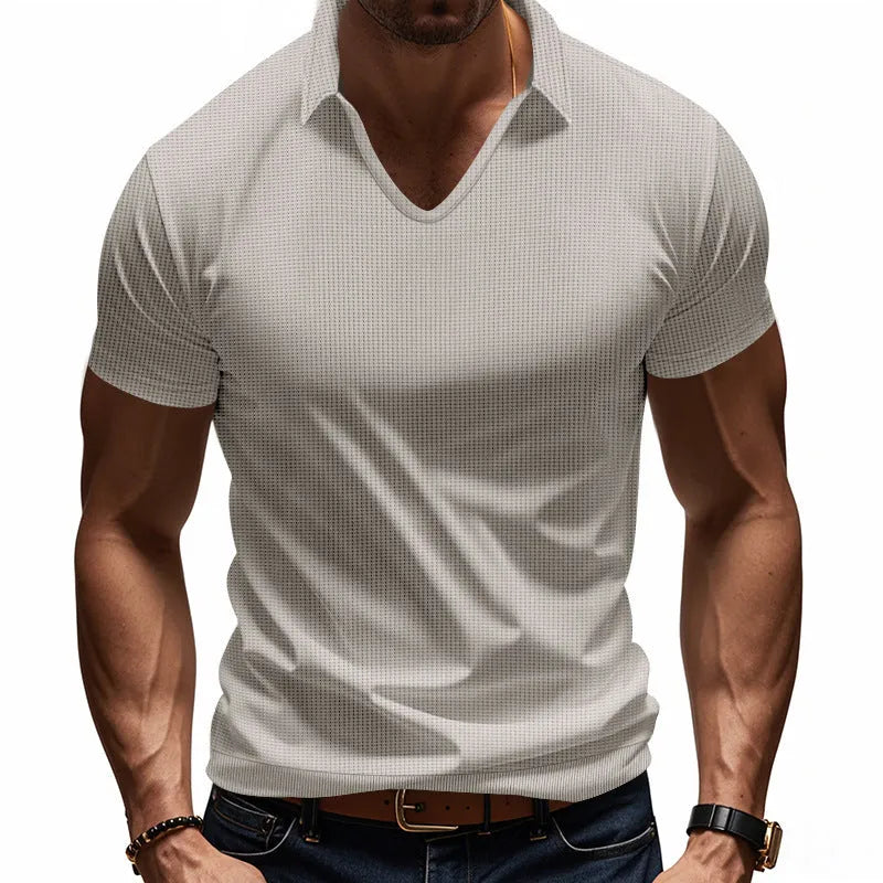 Men's loose fit light grey V-neck short sleeve casual t-shirt laid flat