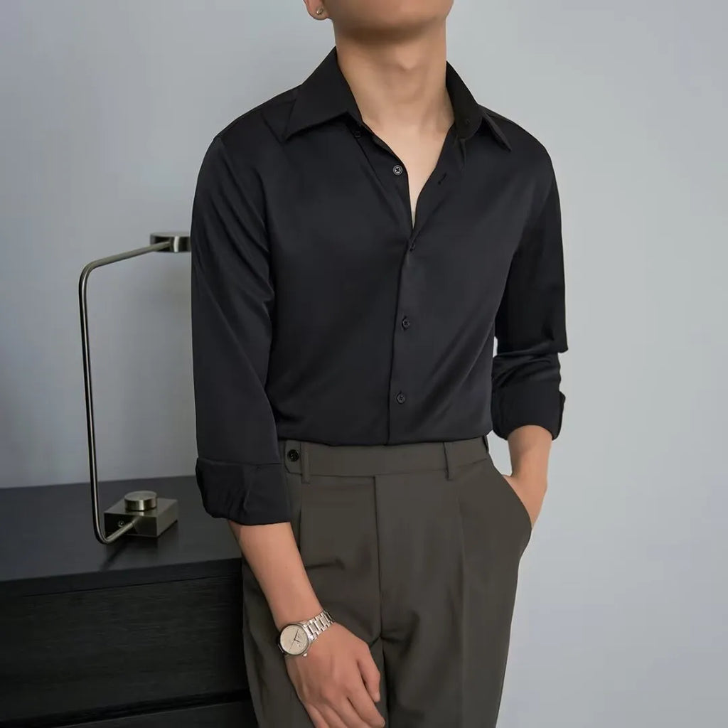 Men's Korean style long sleeve shirt cardigan in black with slim fit Japanese retro design
