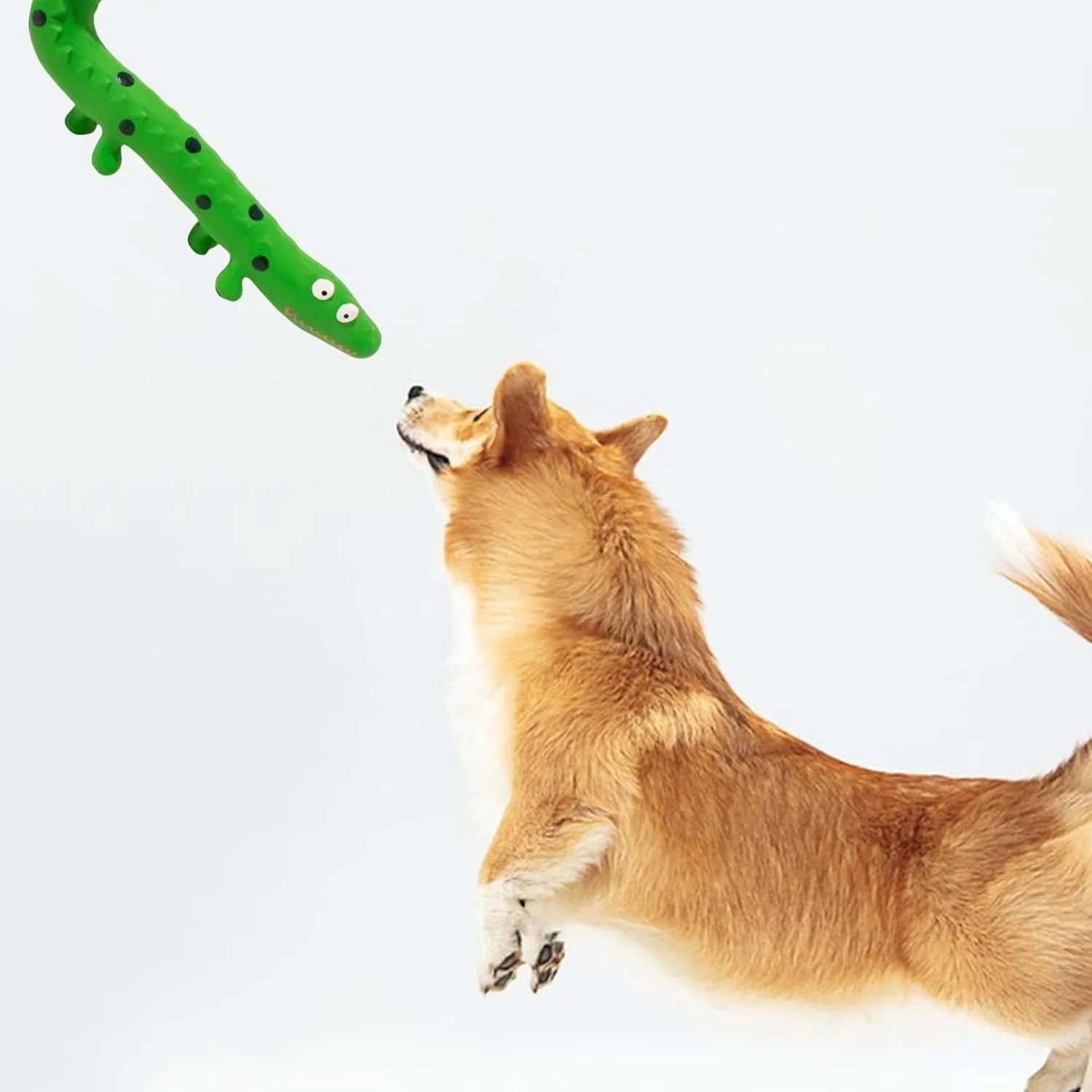 Green lizard-shaped dog chew toy with textured surface and squeaker for aggressive chewing dogs