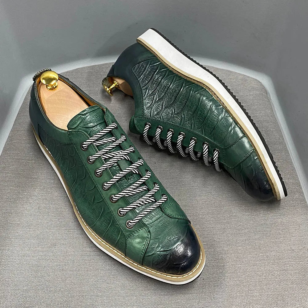 Men's low-cut casual shoes with an embossed pattern and front tie laces, shown in multiple colours.