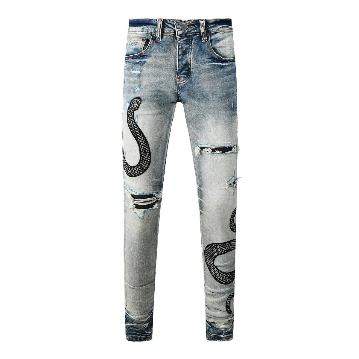 Blue distressed street fashion skinny jeans with a button fly and mid-rise waist on a hanger.