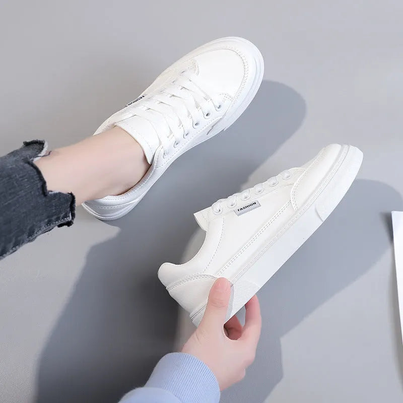 Korean style low-top women's sneakers in white and brown artificial PU leather with plastic soles