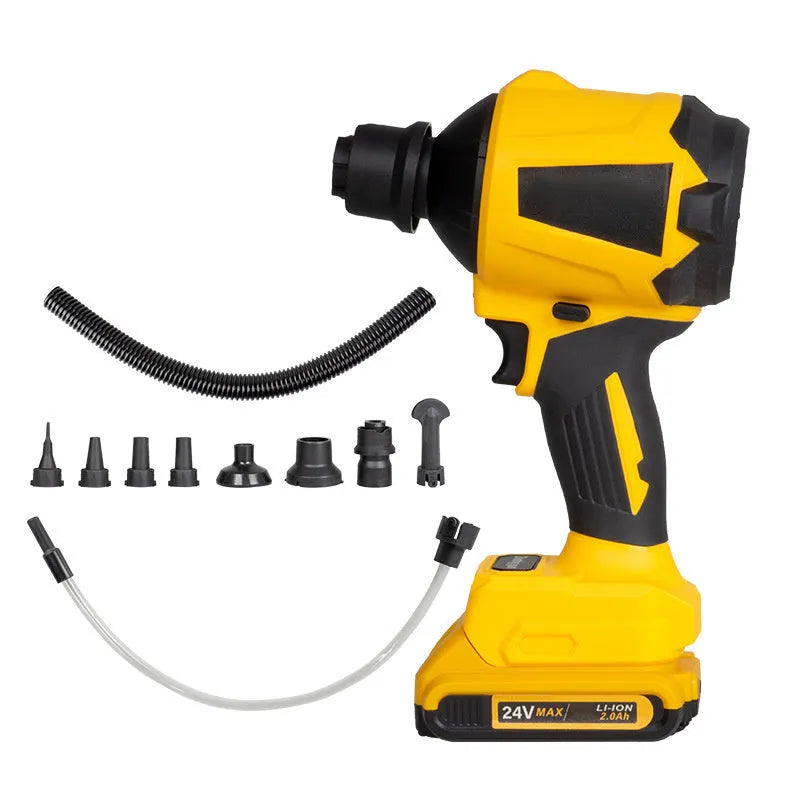 Yellow handheld cordless dust gun blower with accessories for office and home cleaning