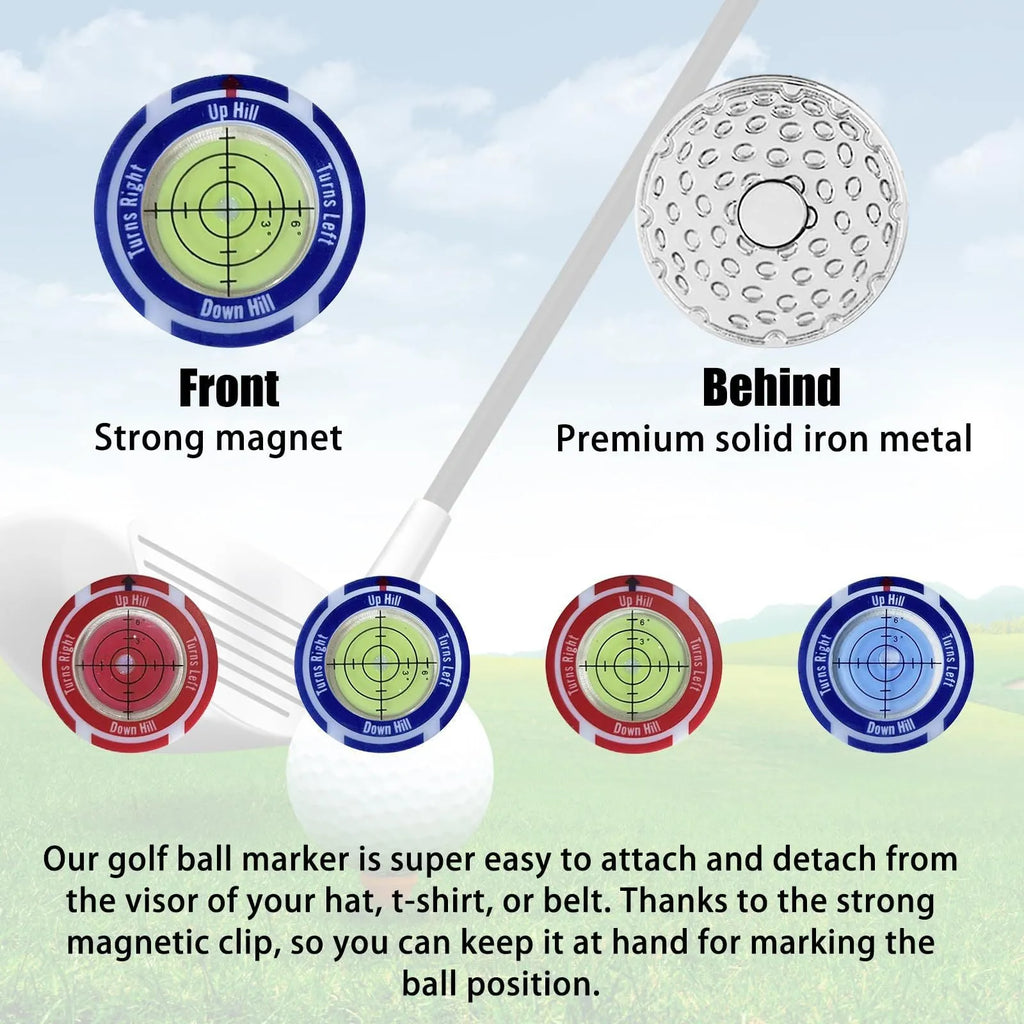 Golf level hat clip measurement tool with position marks and blue water level indicator
