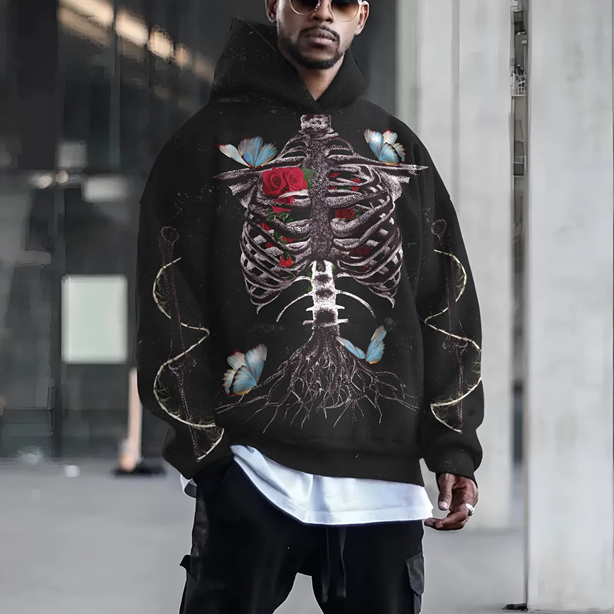 3D printed Halloween hoodie in black with slim fit and printed three-dimensional patch bag