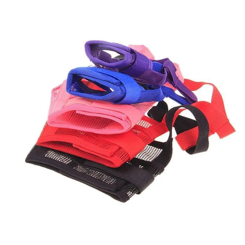 Adjustable plastic dog safety muzzle shown in multiple colours and sizes for biting and barking control.