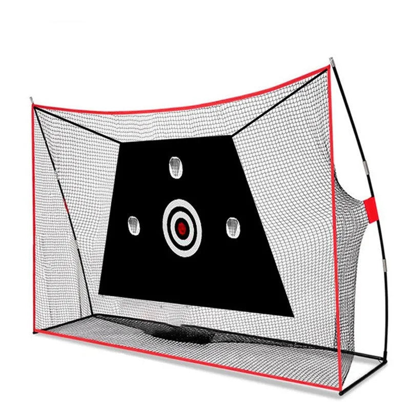 Golf swing wedge training net with 3-hole target, practice mat, balls, and accessories