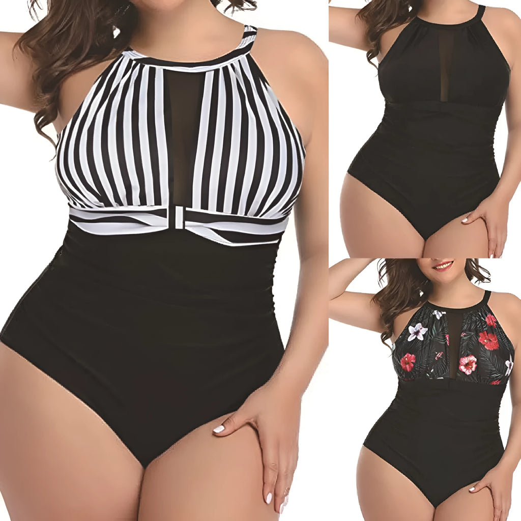 Women's lace detailed one-piece swimsuit in black, stripes, or red flower pattern
