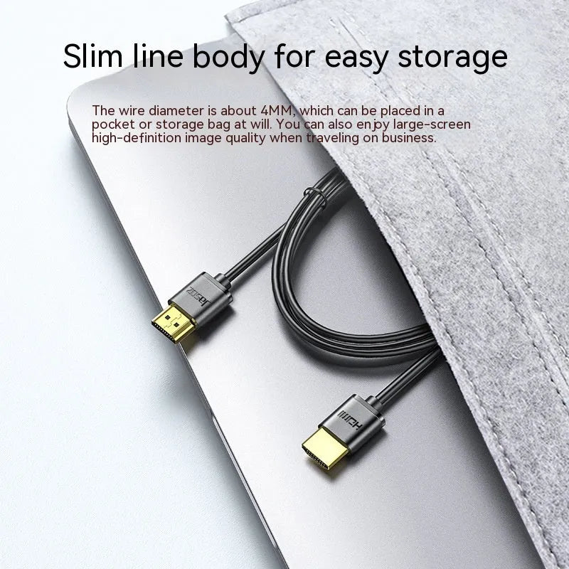 Black flexible HDMI cable with gold-plated connectors, shown at various lengths for computer and monitor use.