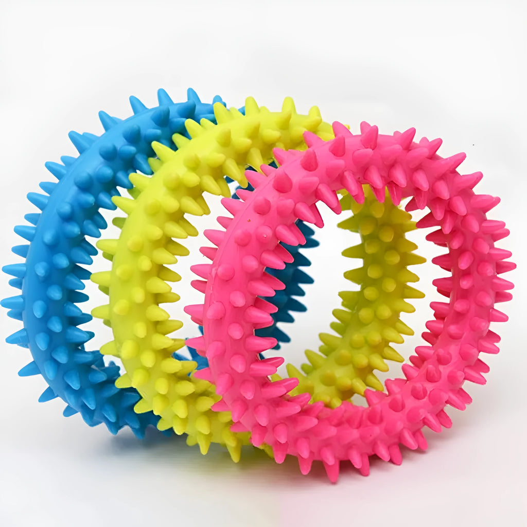TPR spiky circle dog chew toy 9.5cm diameter in six colour options