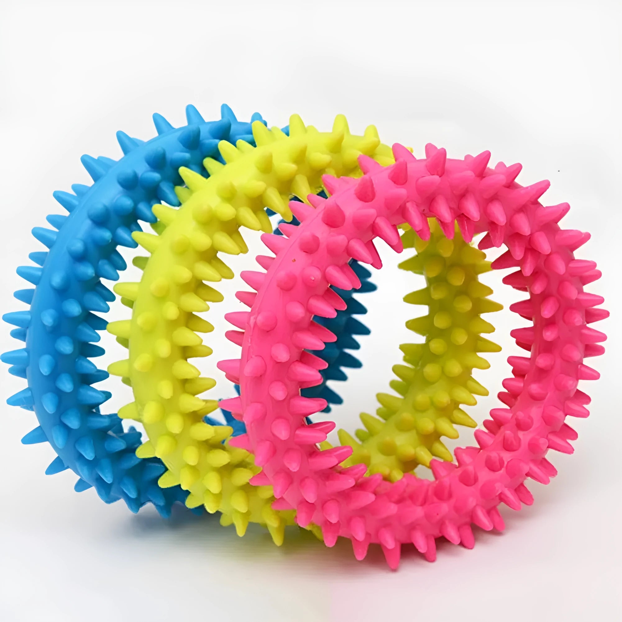 TPR spiky circle dog chew toy 9.5cm diameter in six colour options