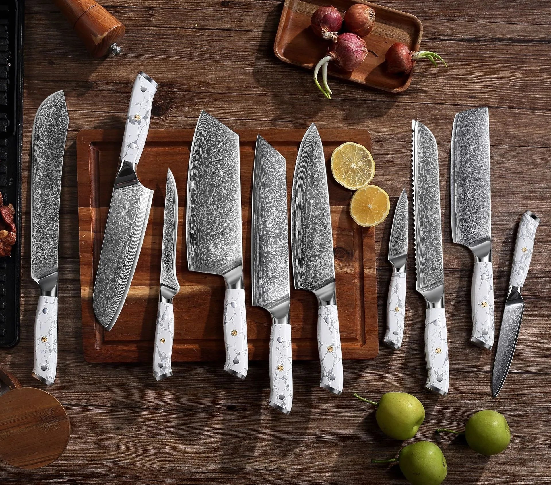 Damascus steel household chef's knife with VG10 core, 32cm total length for multi-purpose kitchen cutting