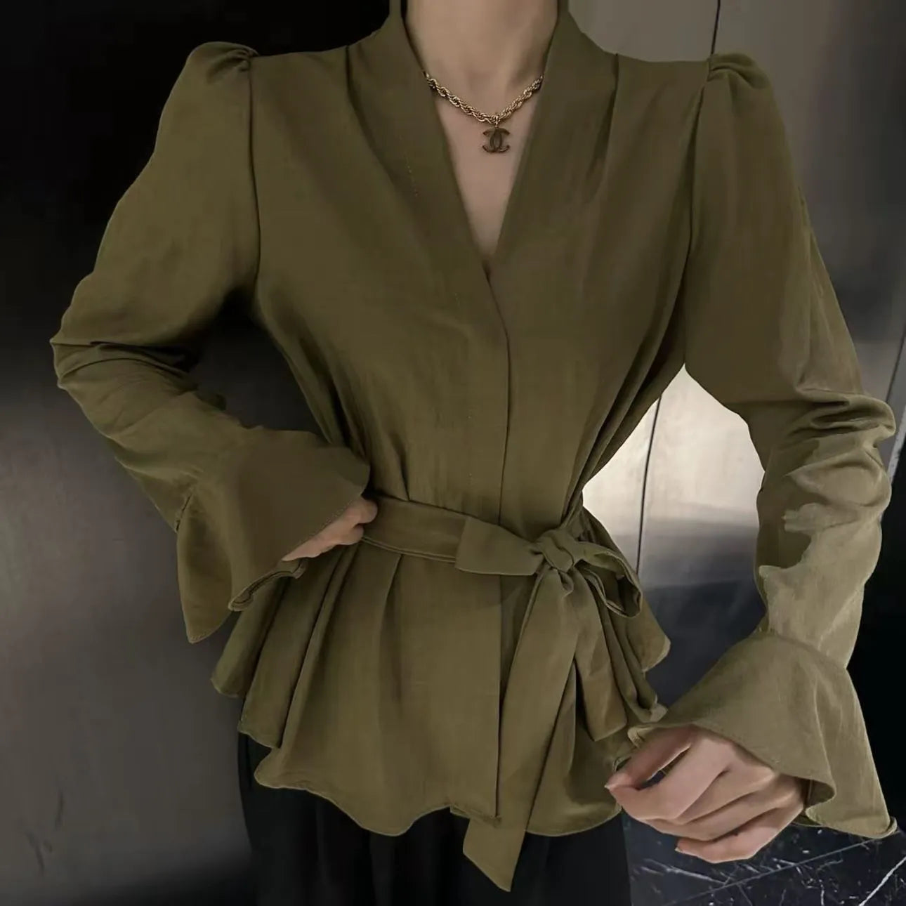 Women's French-style shirt with irregular collar and bell sleeves in wine red colour