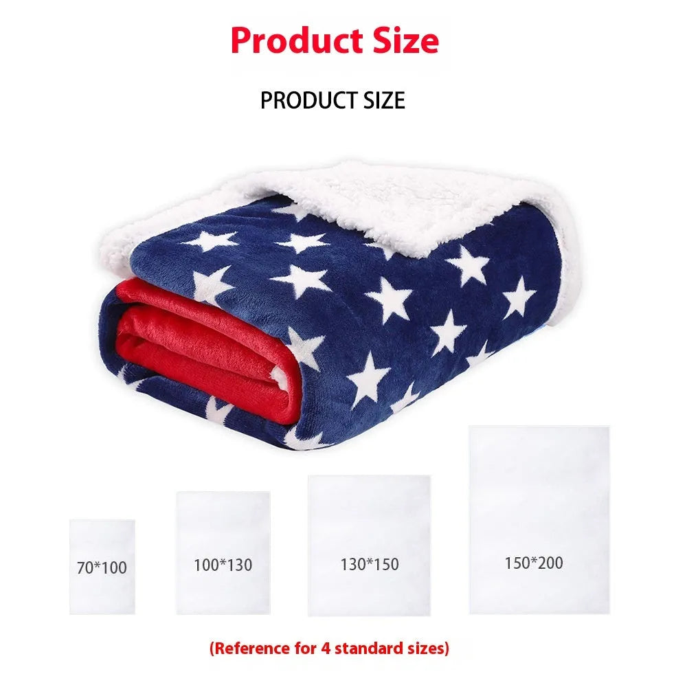 Striped polyester blanket in American style pattern showing three size options