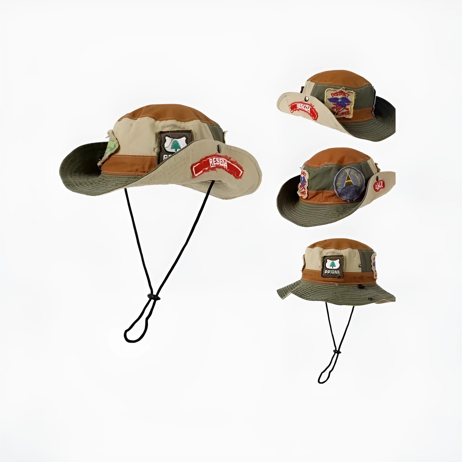 Army green cotton fisherman hat with patchwork design and flat top crown, folded to show storage feature
