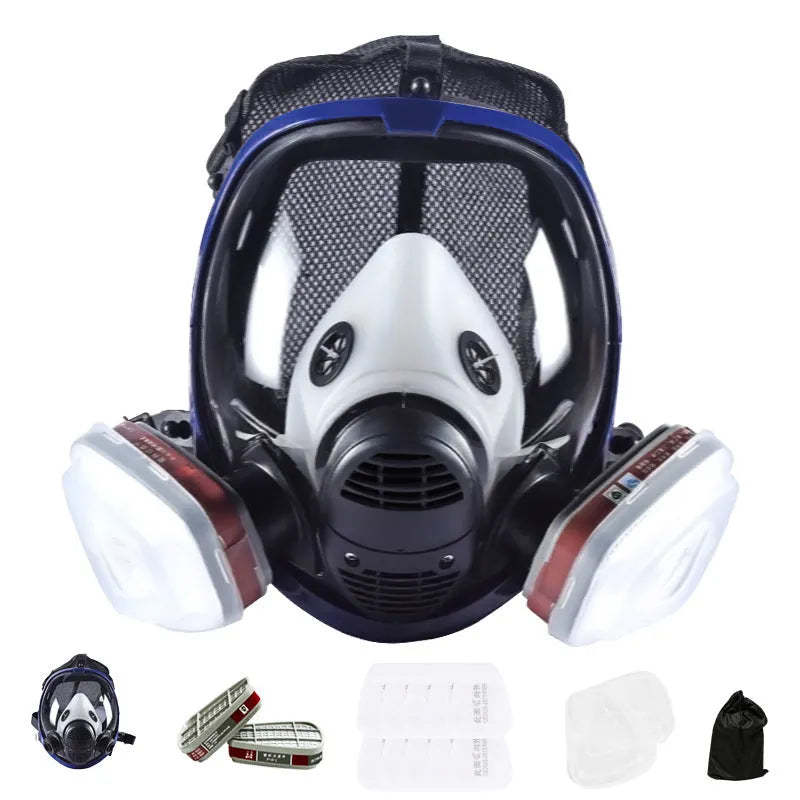 Blue edged silicone full face mask with trapezoidal canister connector for KN95 dust and poison protection