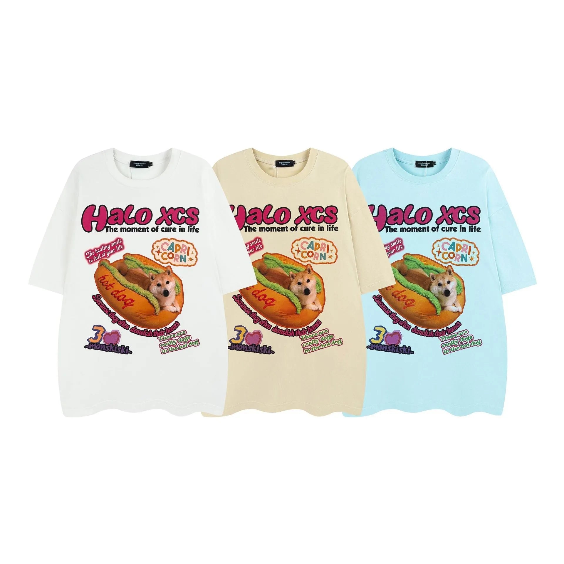 Cartoon hamburger dog printed cotton T-shirt in loose fit, shown in apricot colour.