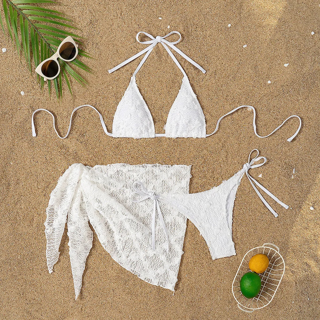White women's split bikini mesh halter bandage swimsuit with apron, size S M L, polyester