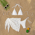 White women's split bikini mesh halter bandage swimsuit with apron, size S M L, polyester