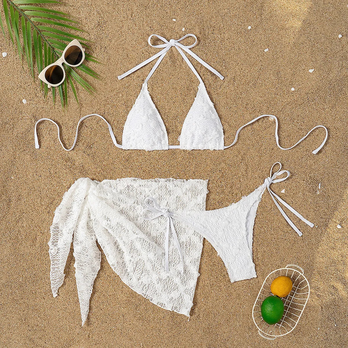 White women's split bikini mesh halter bandage swimsuit with apron, size S M L, polyester