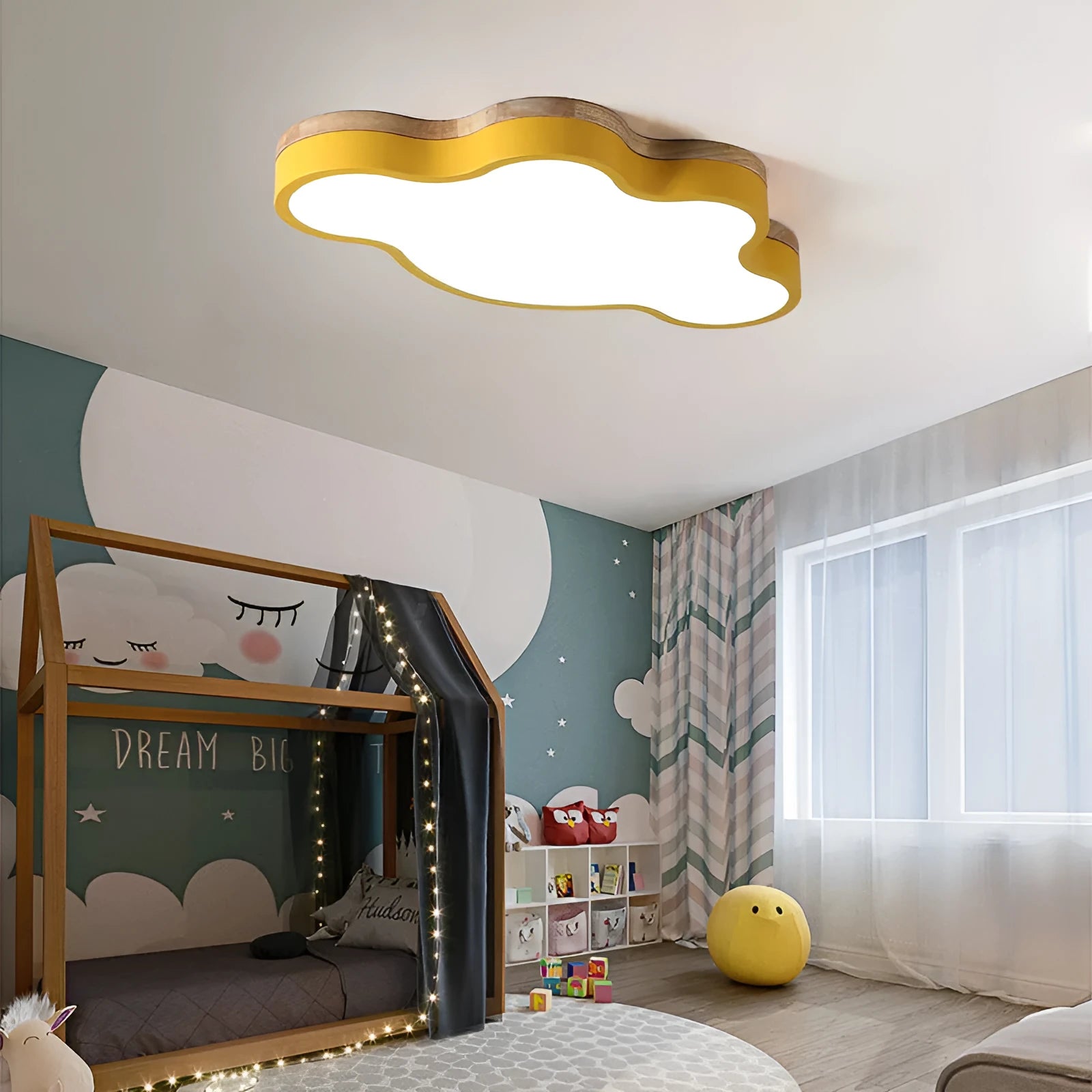 Cloud-shaped modern ceiling lamp in wood pink finish, 50x25cm, with white LED light