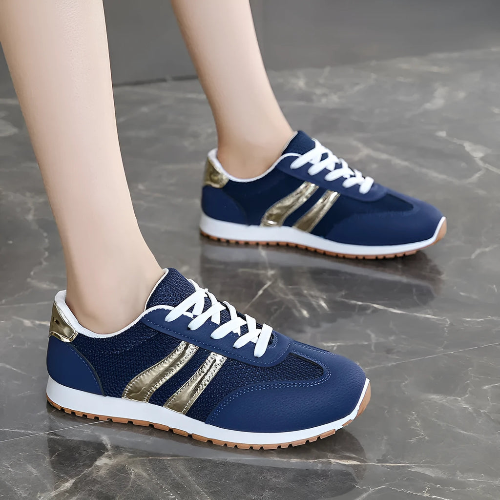 Blue women's casual sports shoes with cross shoulder straps and flat rubber sole