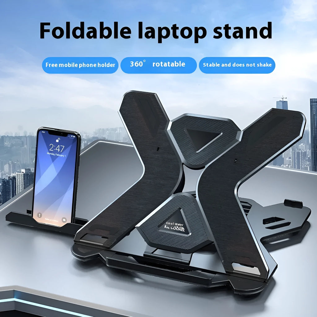 Black ABS plastic laptop cooling bracket with a raised, angled platform on a wooden desk.