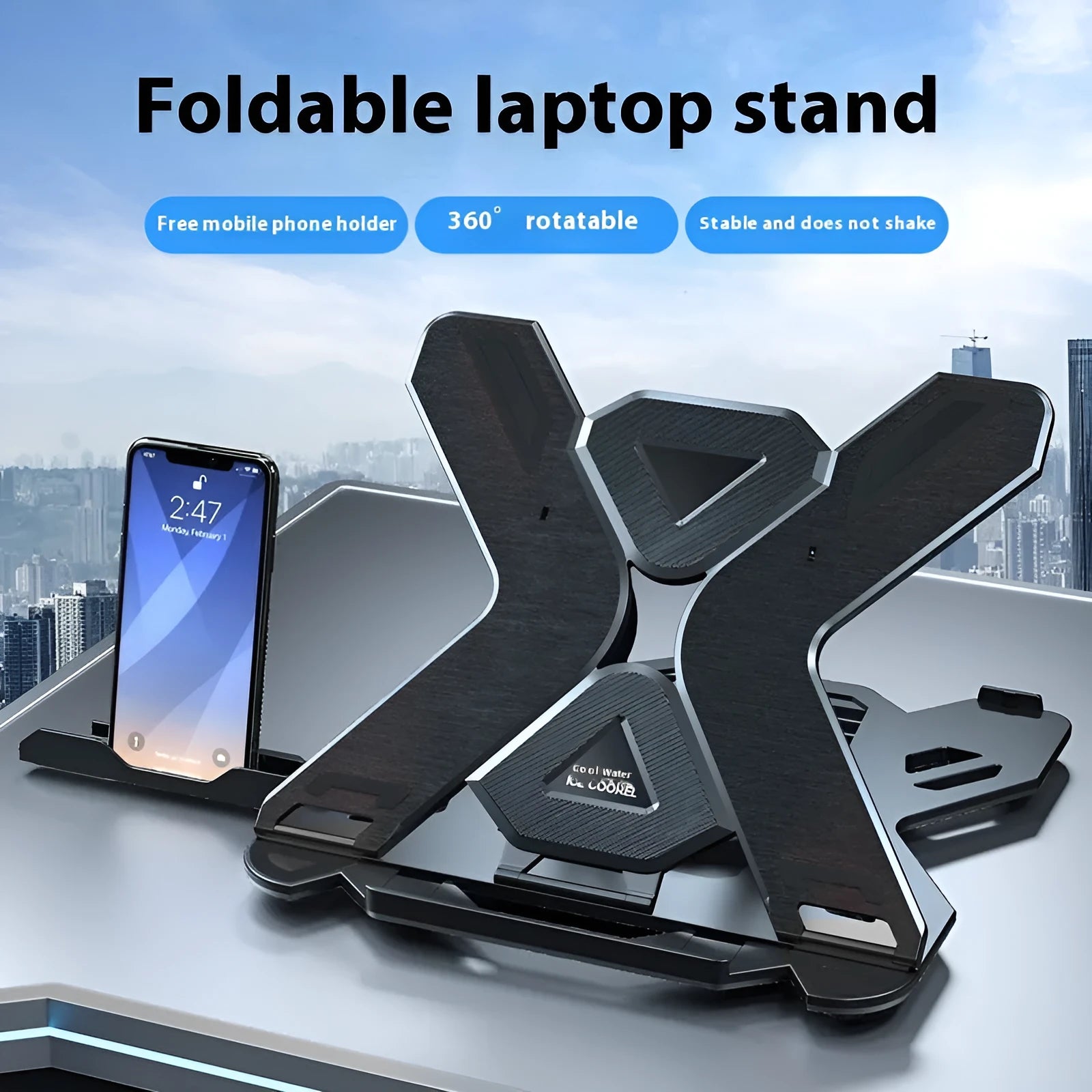 Black ABS plastic laptop cooling bracket with a raised, angled platform on a wooden desk.