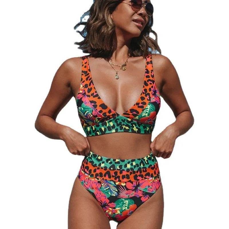 Women's high-waist floral print bikini swimsuit in polyester fabric