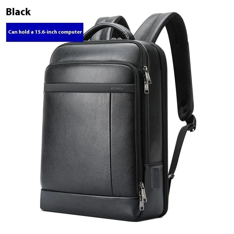 Black genuine leather business commuter backpack with USB port and curved straps