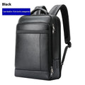Black genuine leather business commuter backpack with USB port and curved straps