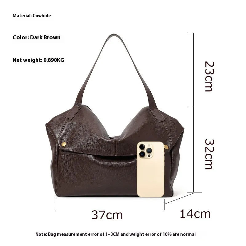 Brown genuine leather women's shoulder bag with a horizontal square shape.