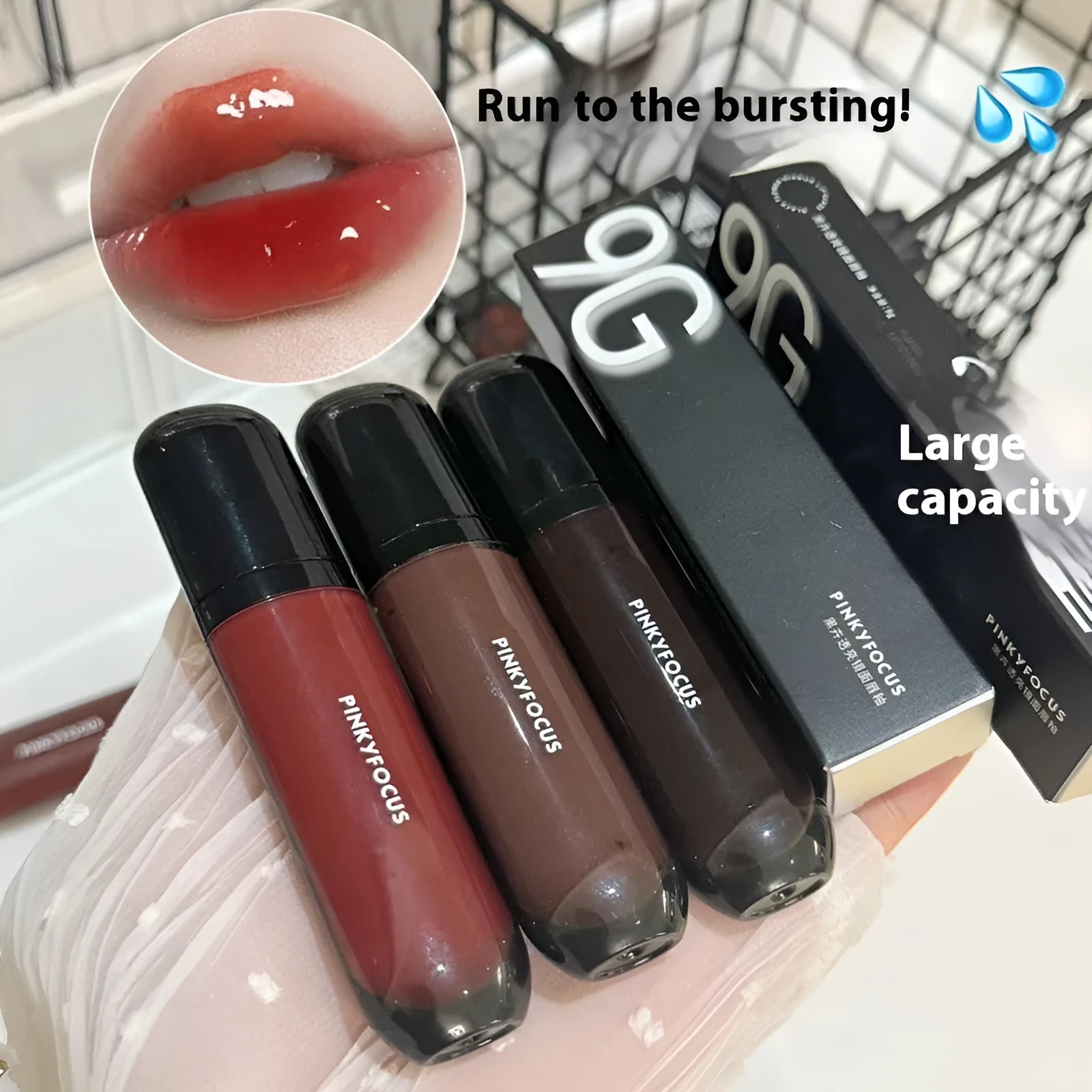 Black Shiny Makeup Mirror Lip Lacquer in six colour shades on white background