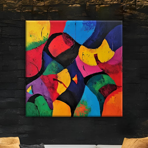 Hand-painted abstract oil painting on canvas, square unframed size 80x80cm, colourful design on white background.