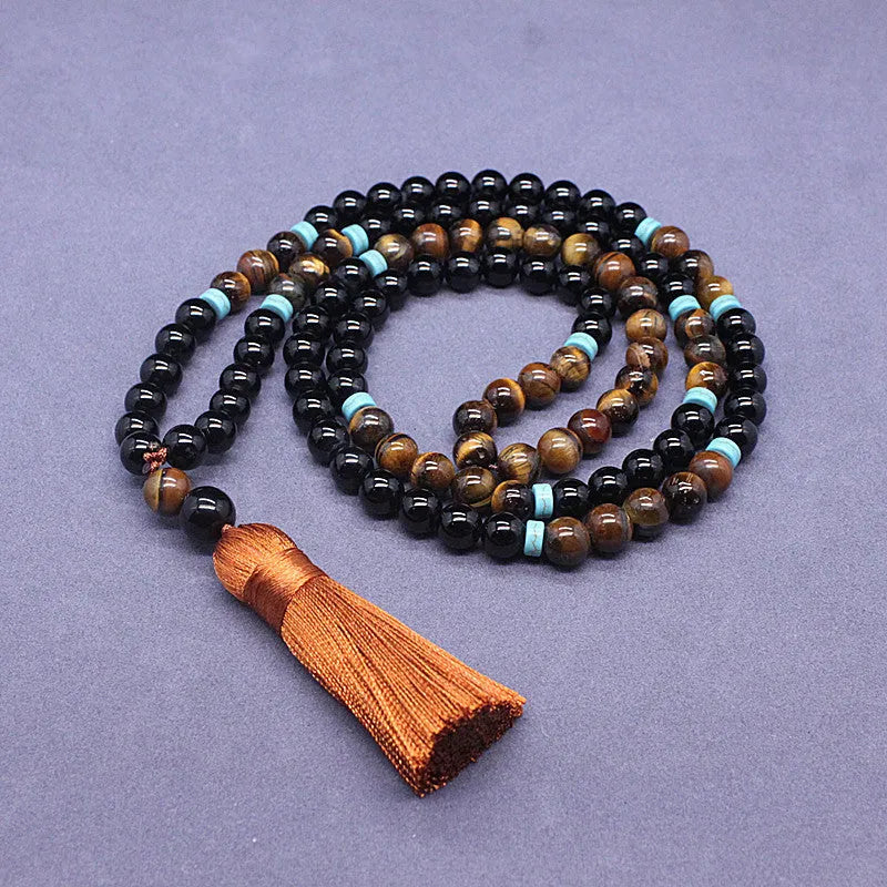 Black agate beads jewellery set with tigereye ornament stone necklace and geometric bracelet
