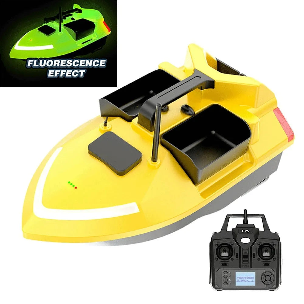 Black GPS remote control fishing boat with LED light on calm water